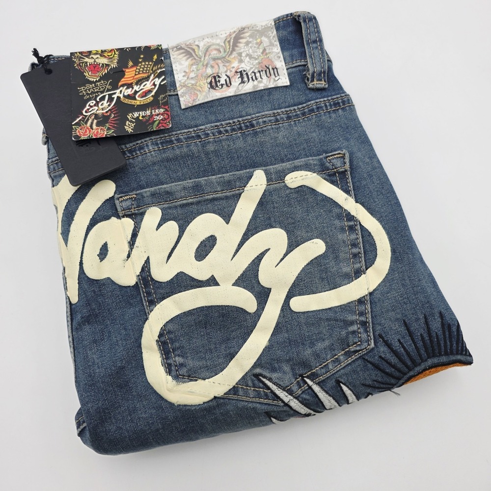 Ed Hardy Brave Hearts Stay True Jeans 30X31 Wide Leg Embroidery WEHD8300-2 NWT
